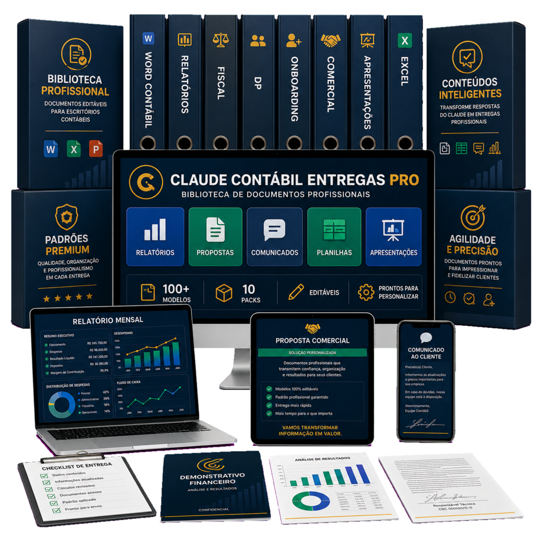 Claude Contábil Entregas PRO: biblioteca de modelos editáveis em computador, notebook, tablet e celular