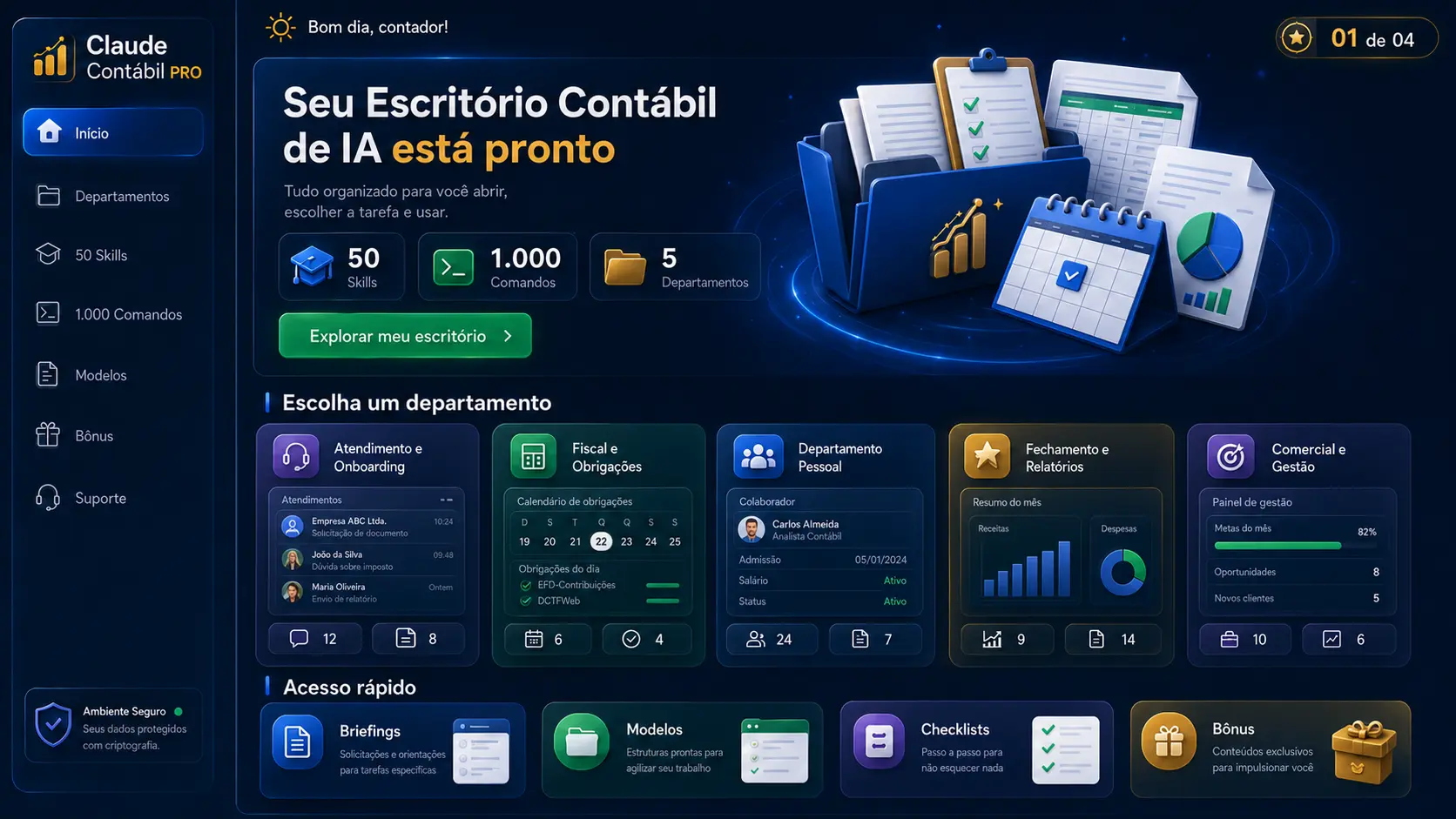 Escritório contábil de IA organizado por departamentos