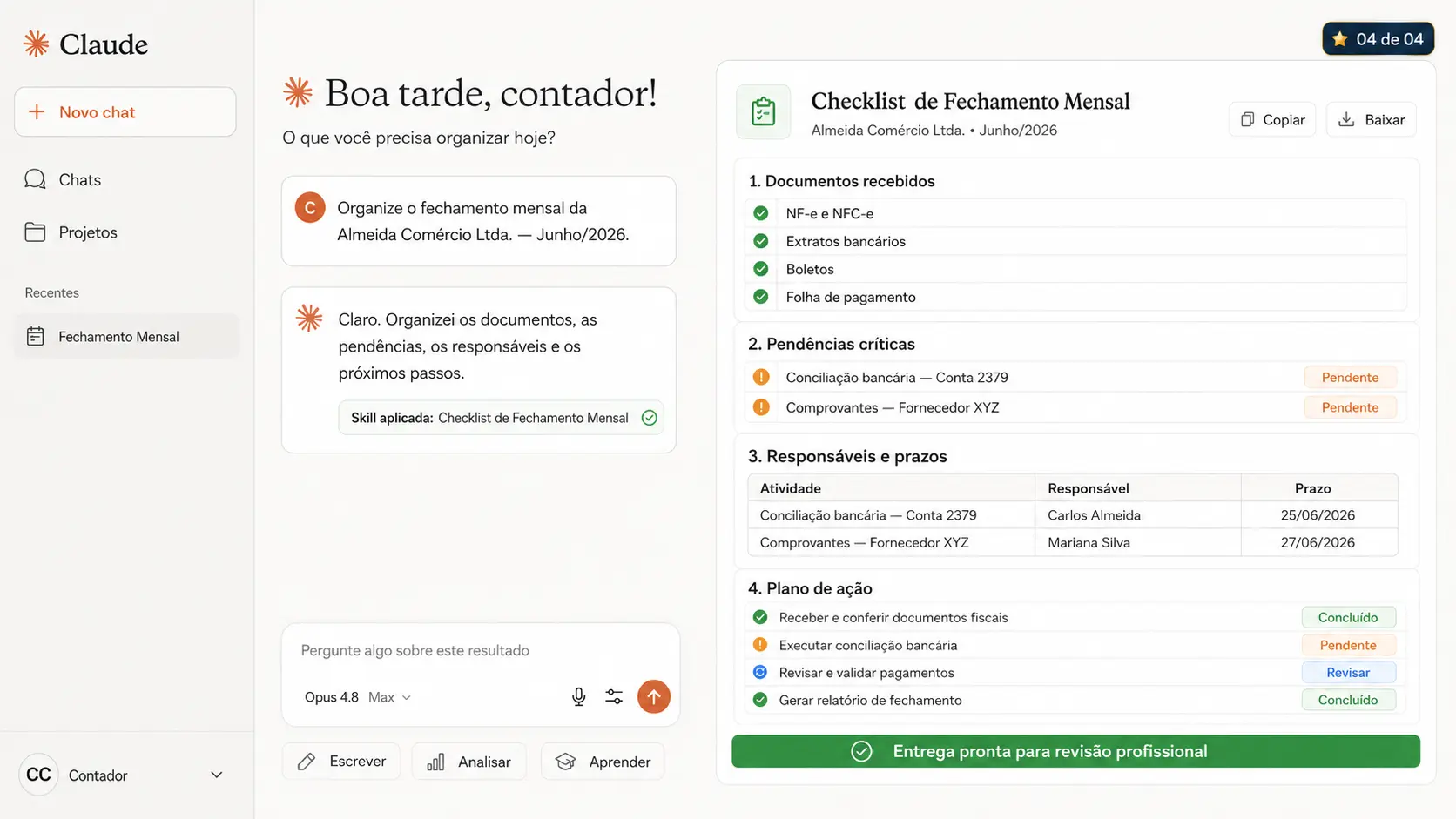 Entrega contábil estruturada, pronta para revisão
