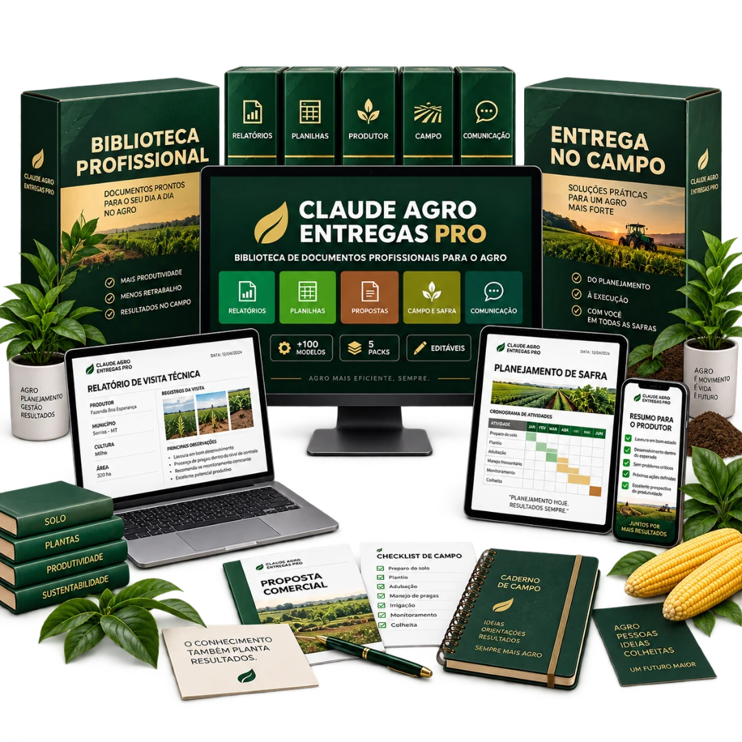 Claude Agro Entregas PRO: biblioteca de relatórios, planilhas, propostas e documentos agronômicos em notebook, tablet e celular