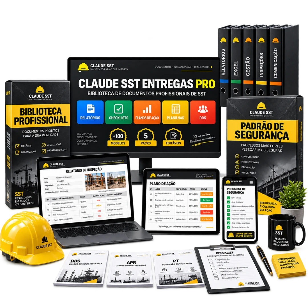 Claude SST Entregas PRO: biblioteca de relatórios, checklists, planilhas e documentos de SST em notebook, tablet e celular