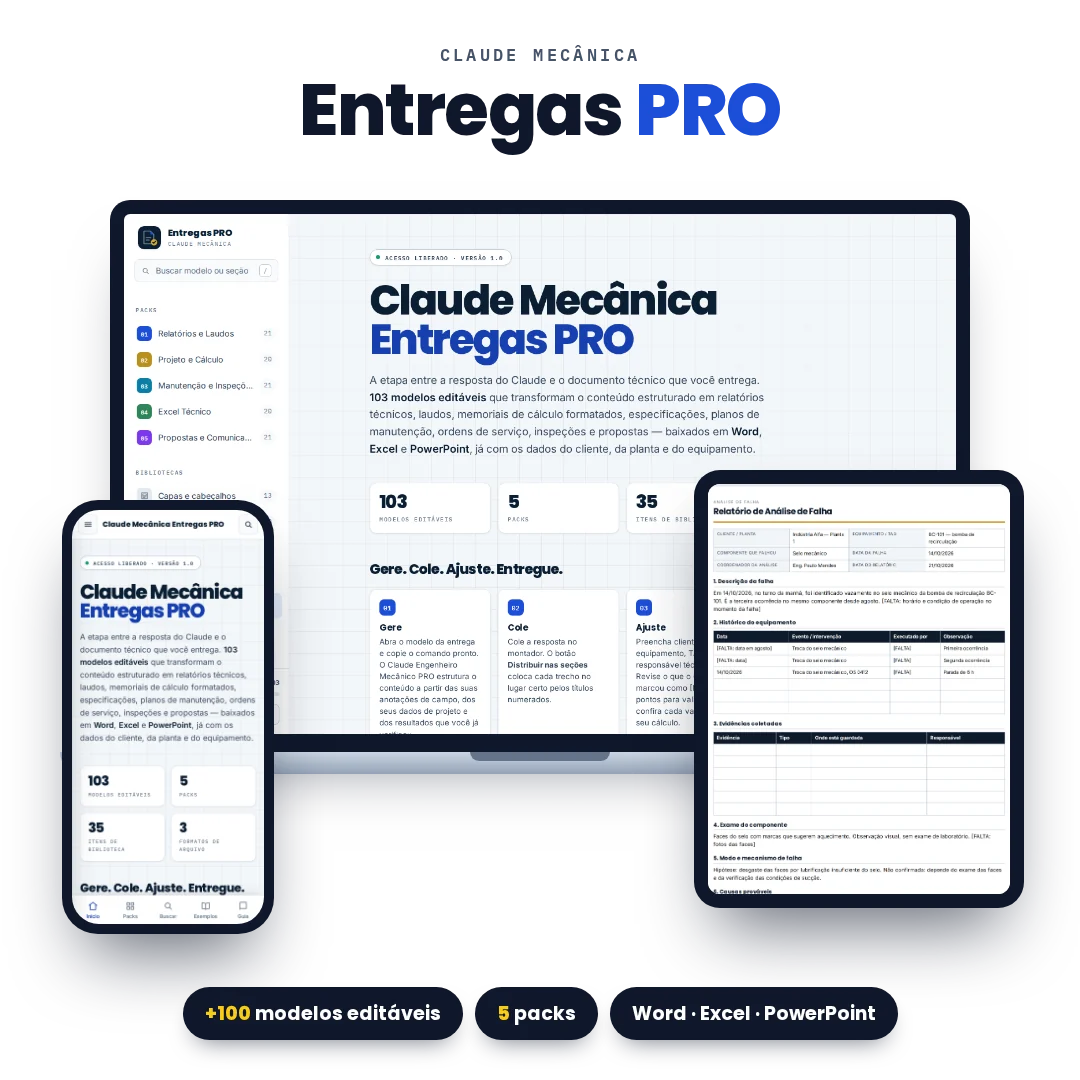 Claude Mecânica Entregas PRO: biblioteca de relatórios técnicos, laudos, memoriais, planos de manutenção e propostas em notebook, tablet e celular