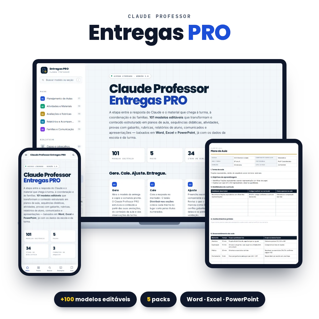 Claude Professor Entregas PRO: biblioteca de planos de aula, atividades, avaliações, relatórios e comunicados em notebook, tablet e celular