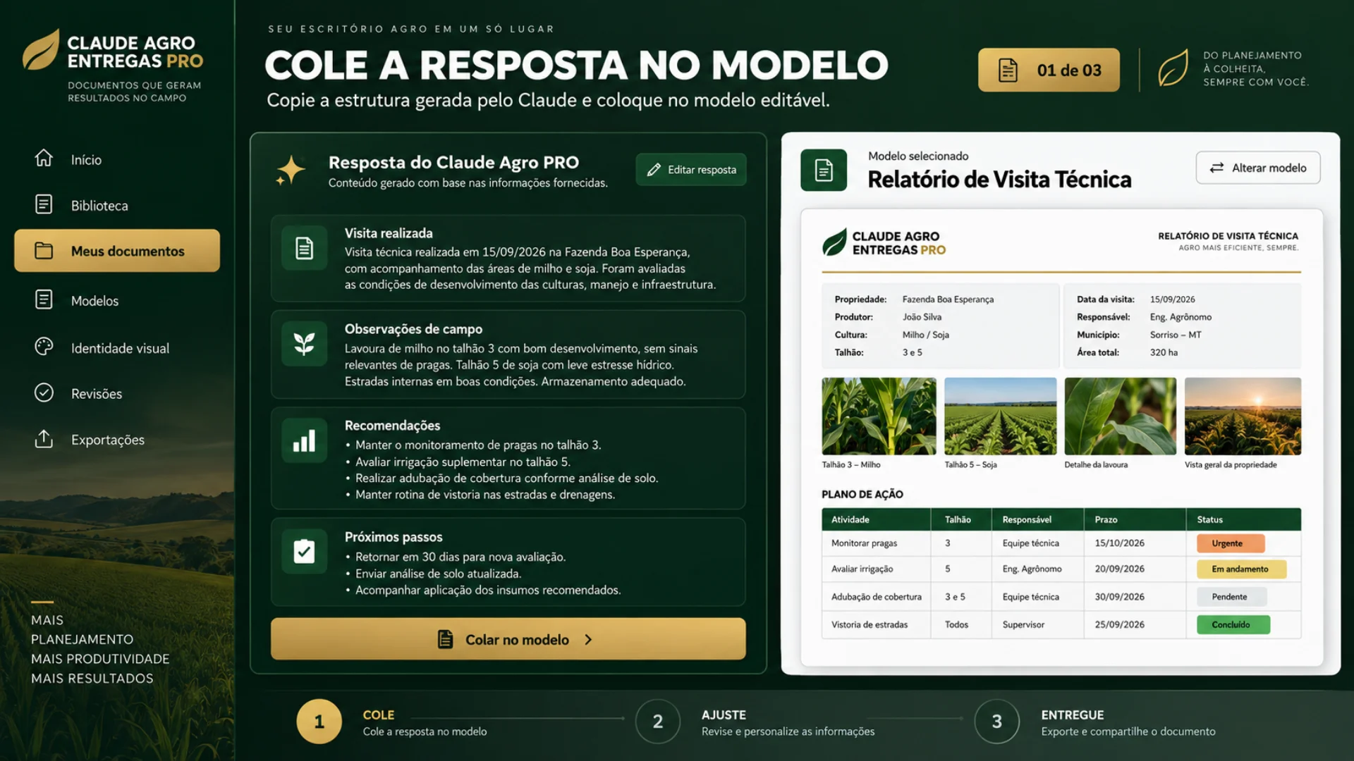 Etapa 2: colar a resposta do Claude no modelo editável correspondente da biblioteca agronômica