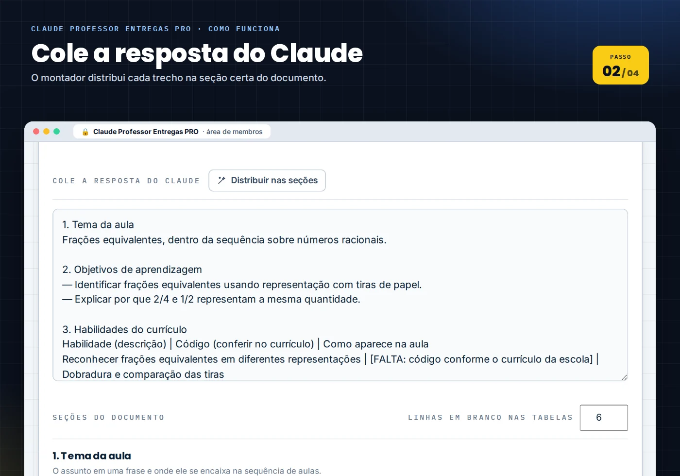 Etapa 2: colar a resposta do Claude no modelo editável correspondente da biblioteca do professor