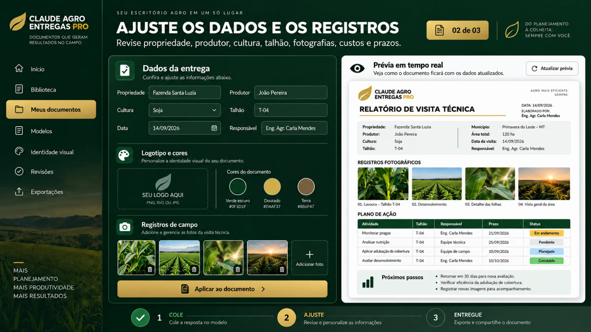 Etapa 3: ajustar propriedade, produtor, cultura, talhão, custos e cronogramas no documento