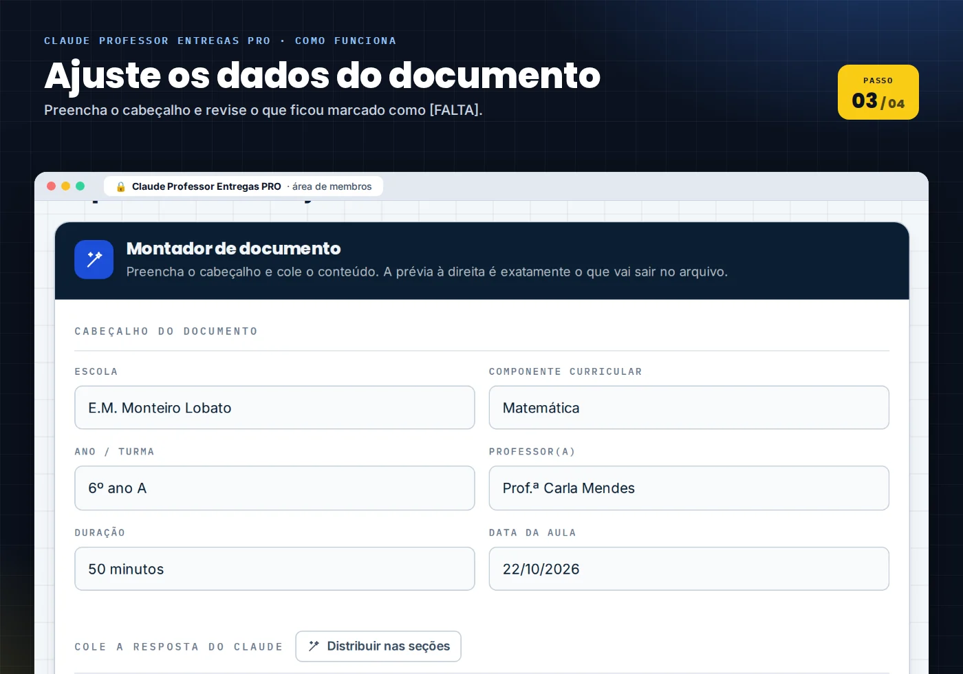 Etapa 3: ajustar turma, habilidades, critérios, gabarito e datas no material pedagógico