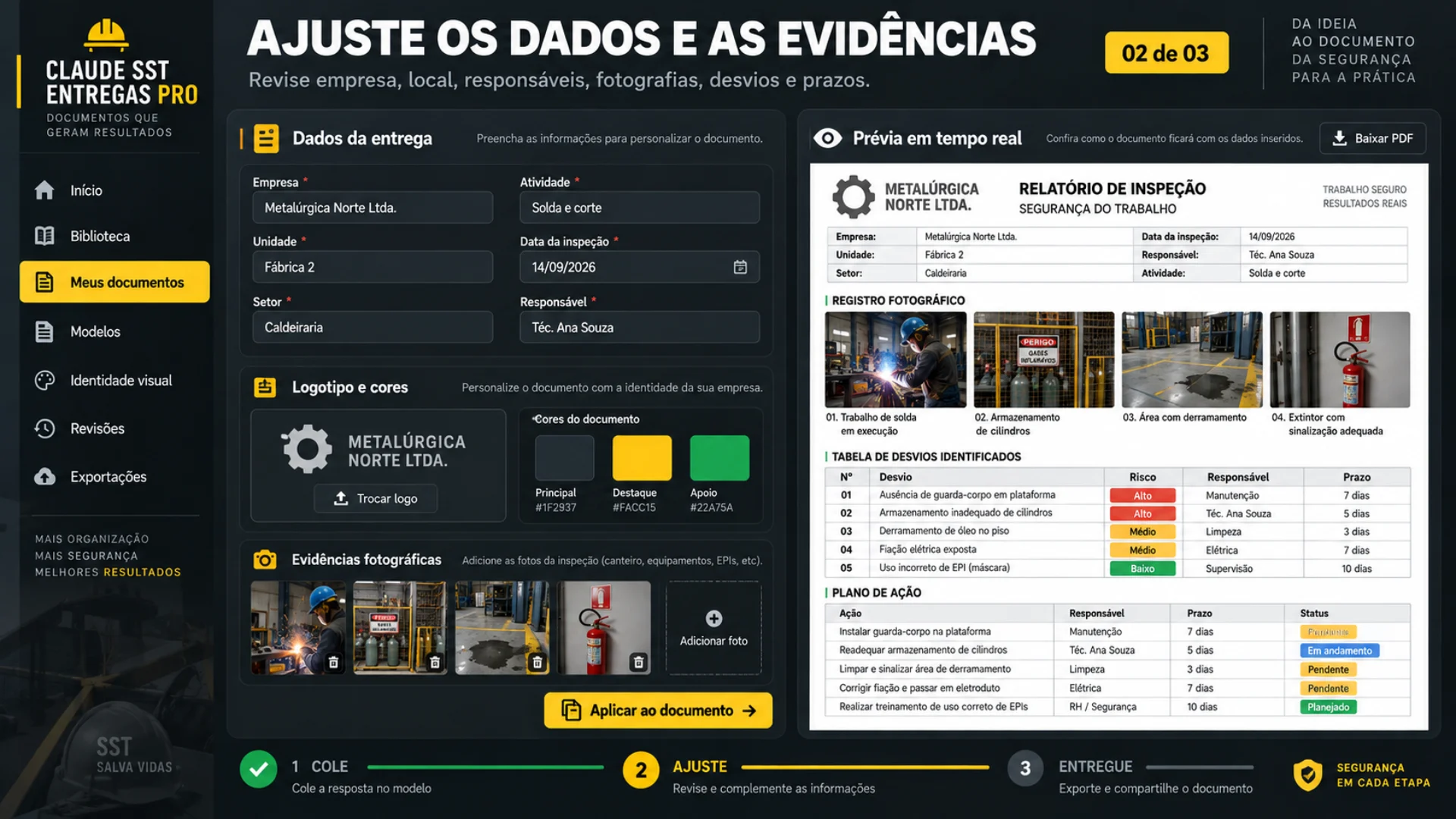 Etapa 3: ajustar dados, fotografias, desvios, responsáveis e prazos no documento de SST