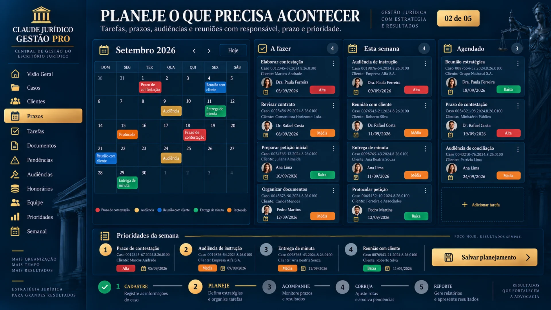 Etapa Planeje: tarefas, prazos e audiências planejados por caso.