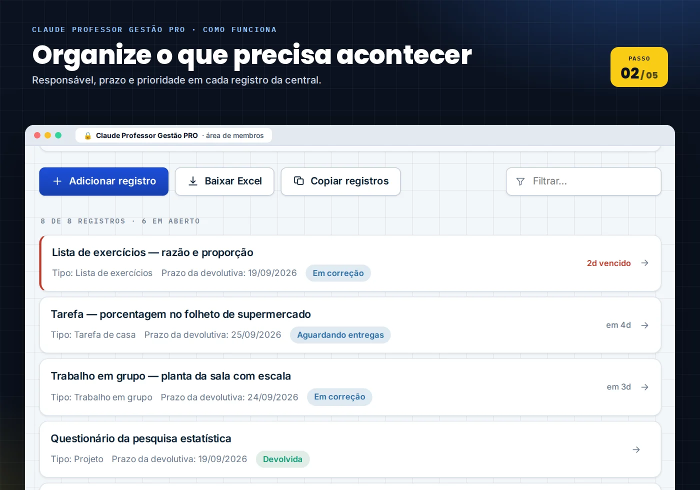 Etapa Planeje: sequências, aulas, atividades e avaliações planejadas com prazo.