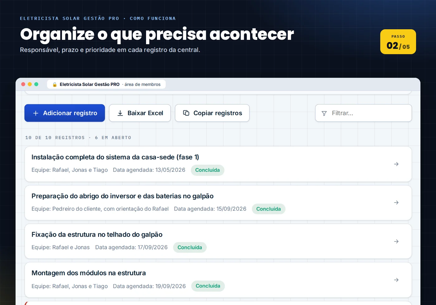 Etapa Planeje: visitas, compras e etapas de instalação planejadas com responsável e prazo.